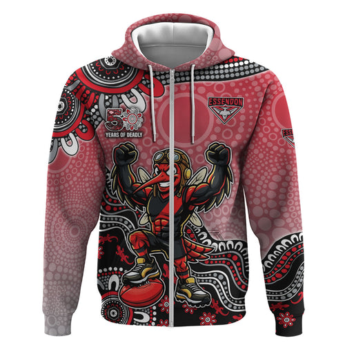 Personalized Essendon Bombers Mascot Zip Hoodie Aboriginal Dot Art Style Vibrant Indigenous Pattern Design