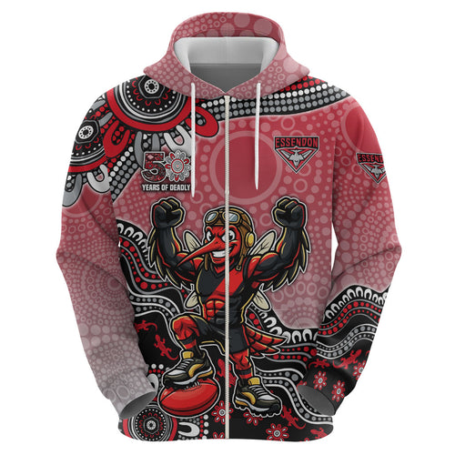 Personalized Essendon Bombers Mascot Zip Hoodie Aboriginal Dot Art Style Vibrant Indigenous Pattern Design