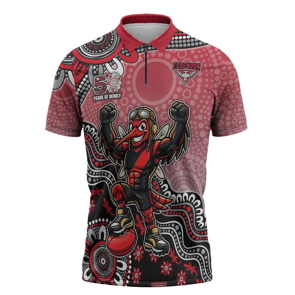 Personalized Essendon Bombers Mascot Zipper Polo Shirt Aboriginal Dot Art Style Vibrant Indigenous Pattern Design