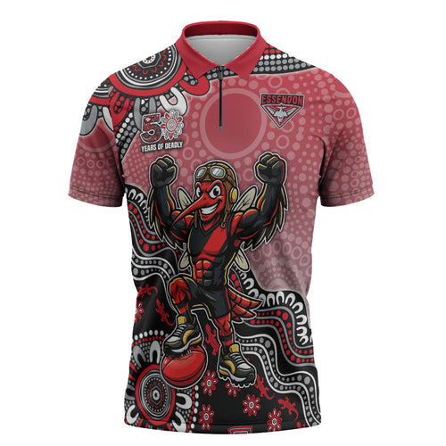Personalized Essendon Bombers Mascot Zipper Polo Shirt Aboriginal Dot Art Style Vibrant Indigenous Pattern Design