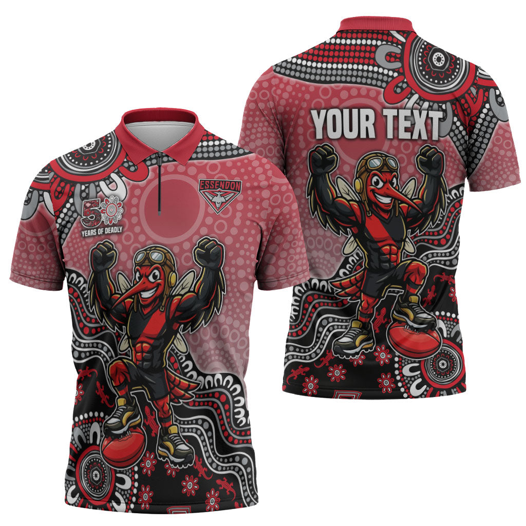 Personalized Essendon Bombers Mascot Zipper Polo Shirt Aboriginal Dot Art Style Vibrant Indigenous Pattern Design