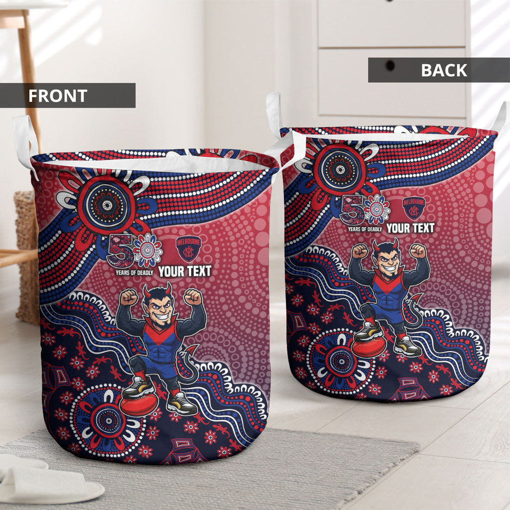 Personalized Melbourne Demons Football Mascot Laundry Basket Aboriginal Dot Art Style Vibrant Indigenous Pattern Design