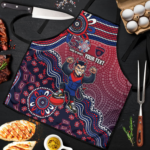 Personalized Melbourne Demons Football Mascot Apron Aboriginal Dot Art Style Vibrant Indigenous Pattern Design
