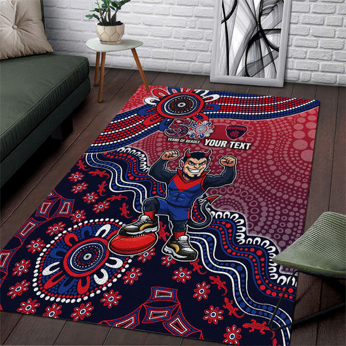 Personalized Melbourne Demons Football Mascot Area Rug Aboriginal Dot Art Style Vibrant Indigenous Pattern Design