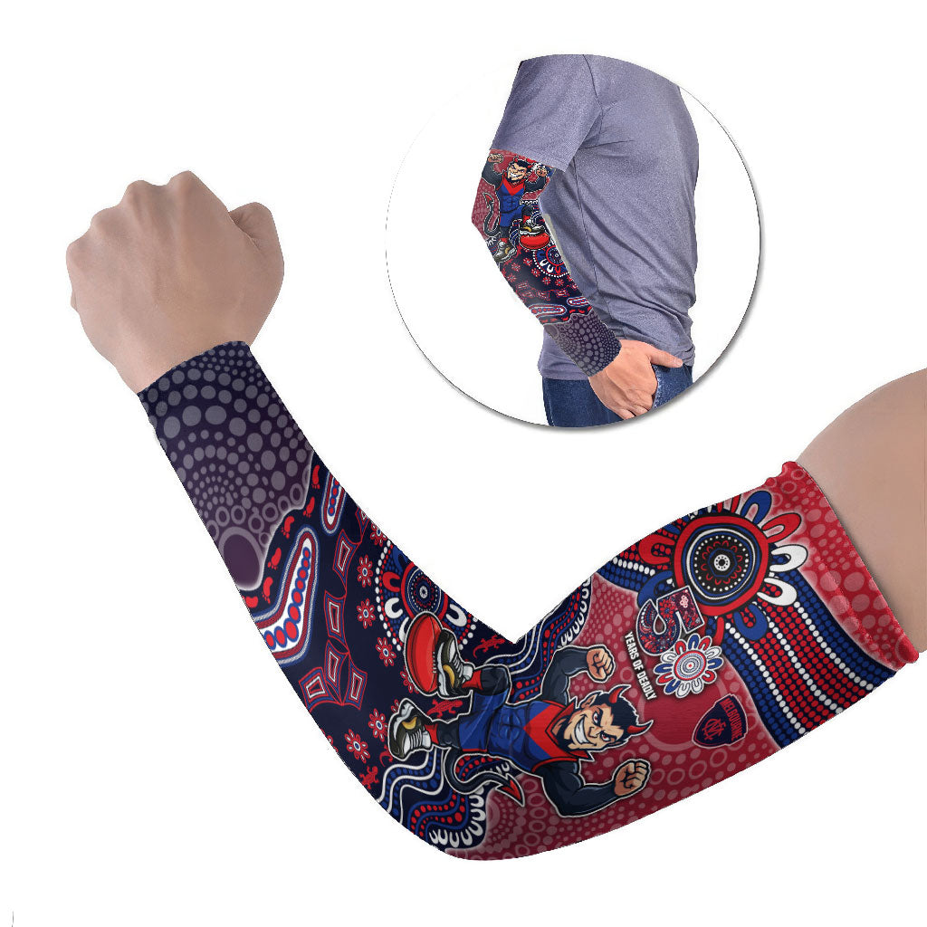 Personalized Melbourne Demons Football Mascot Arm Sleeves Aboriginal Dot Art Style Vibrant Indigenous Pattern Design