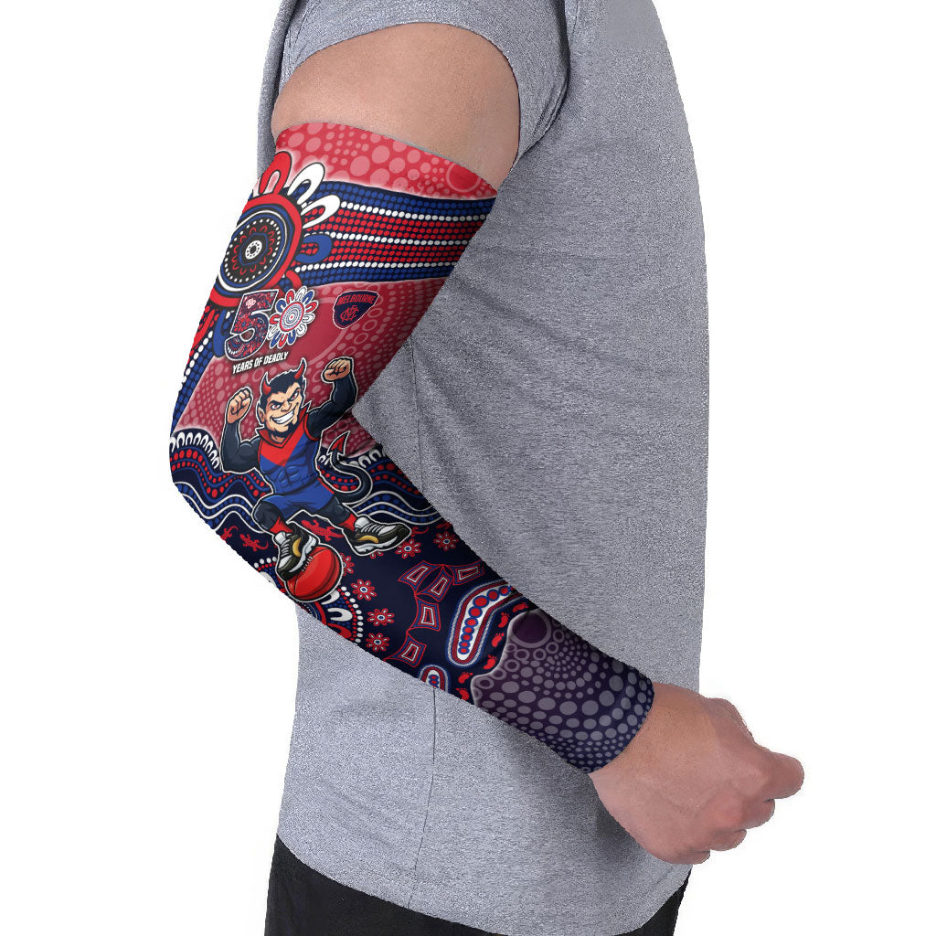 Personalized Melbourne Demons Football Mascot Arm Sleeves Aboriginal Dot Art Style Vibrant Indigenous Pattern Design