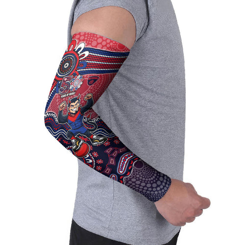 Personalized Melbourne Demons Football Mascot Arm Sleeves Aboriginal Dot Art Style Vibrant Indigenous Pattern Design
