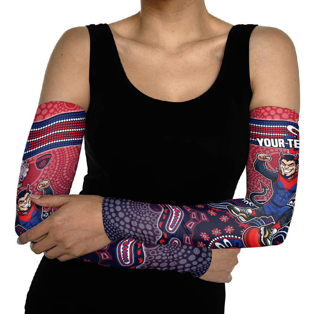Personalized Melbourne Demons Football Mascot Arm Sleeves Aboriginal Dot Art Style Vibrant Indigenous Pattern Design