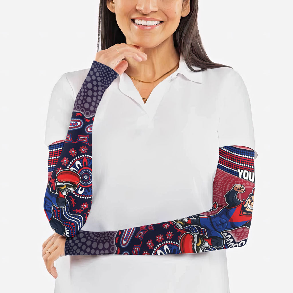 Personalized Melbourne Demons Football Mascot Arm Sleeves Aboriginal Dot Art Style Vibrant Indigenous Pattern Design