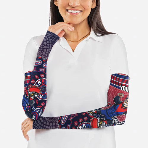 Personalized Melbourne Demons Football Mascot Arm Sleeves Aboriginal Dot Art Style Vibrant Indigenous Pattern Design