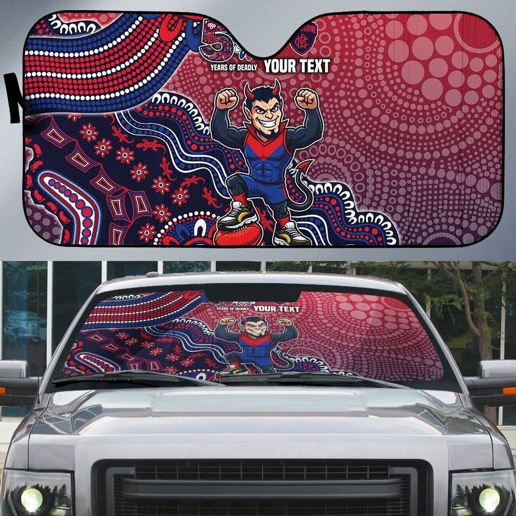 Personalized Melbourne Demons Football Mascot Auto Sun Shade Aboriginal Dot Art Style Vibrant Indigenous Pattern Design