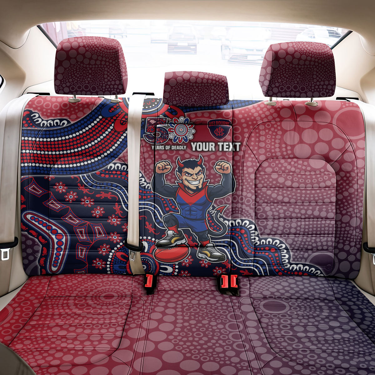 Personalized Melbourne Demons Football Mascot Back Car Seat Cover Aboriginal Dot Art Style Vibrant Indigenous Pattern Design