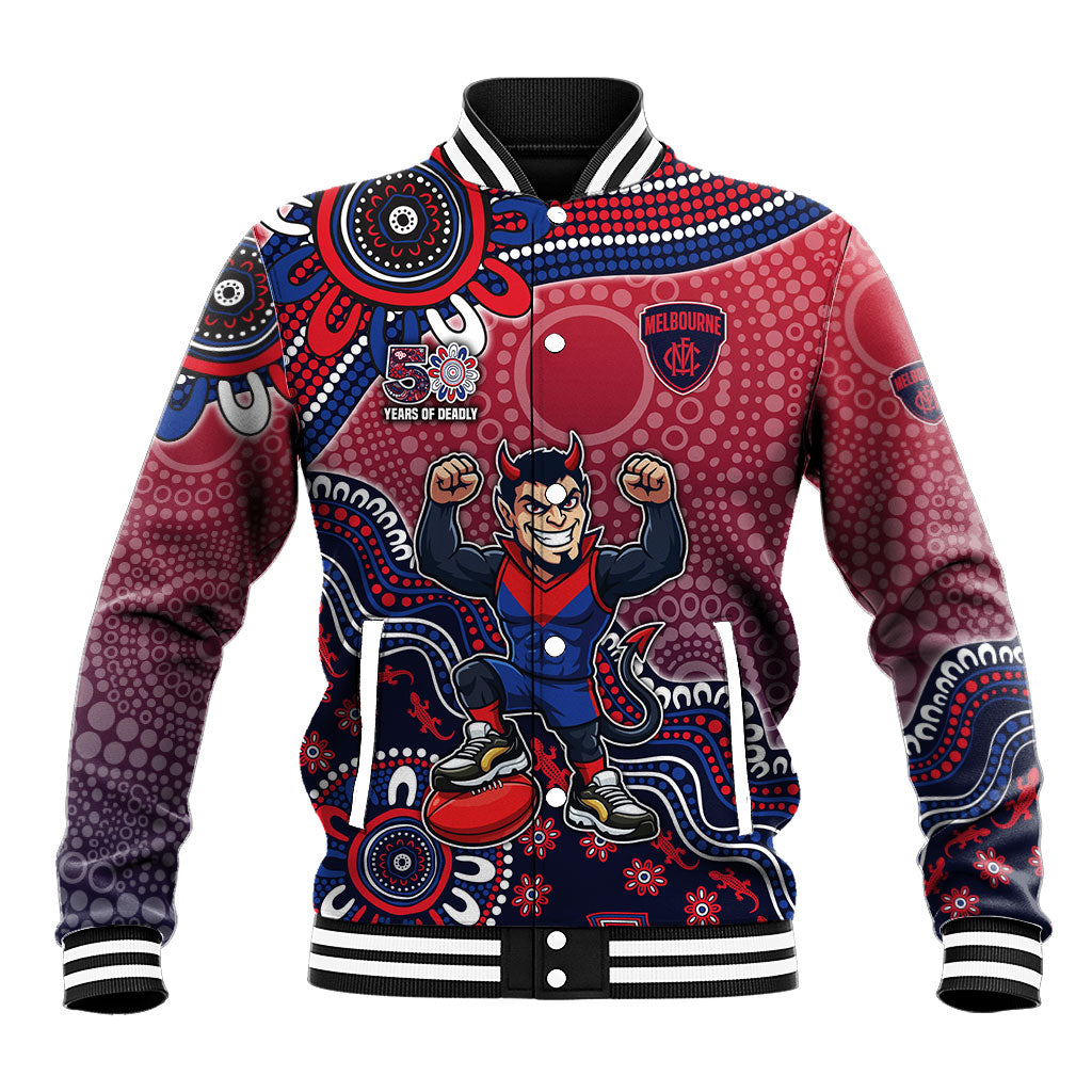 Personalized Melbourne Demons Football Mascot Baseball Jacket Aboriginal Dot Art Style Vibrant Indigenous Pattern Design