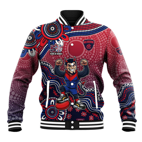 Personalized Melbourne Demons Football Mascot Baseball Jacket Aboriginal Dot Art Style Vibrant Indigenous Pattern Design