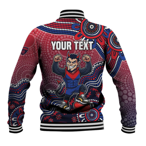 Personalized Melbourne Demons Football Mascot Baseball Jacket Aboriginal Dot Art Style Vibrant Indigenous Pattern Design
