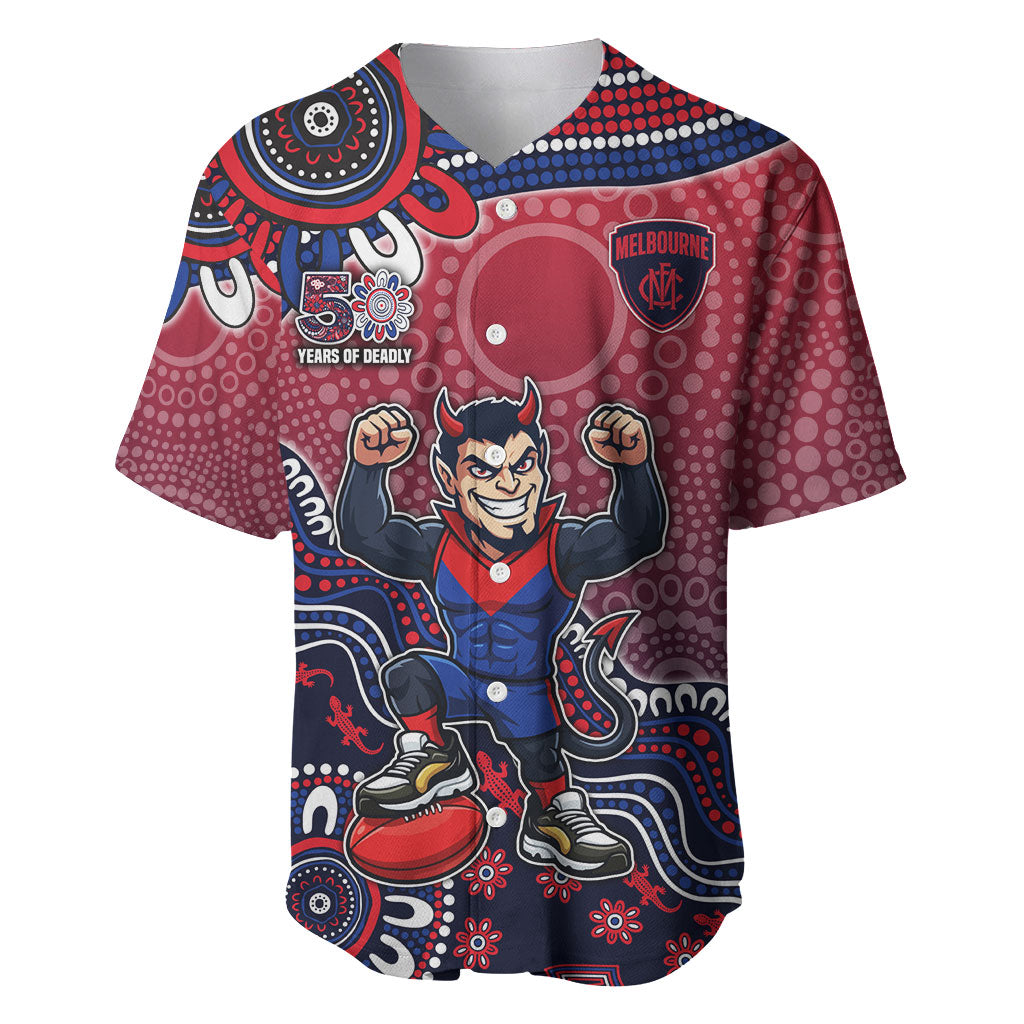 Personalized Melbourne Demons Football Mascot Baseball Jersey Aboriginal Dot Art Style Vibrant Indigenous Pattern Design