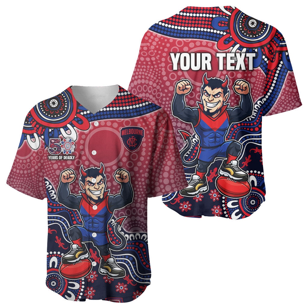 Personalized Melbourne Demons Football Mascot Baseball Jersey Aboriginal Dot Art Style Vibrant Indigenous Pattern Design
