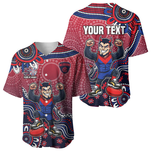 Personalized Melbourne Demons Football Mascot Baseball Jersey Aboriginal Dot Art Style Vibrant Indigenous Pattern Design
