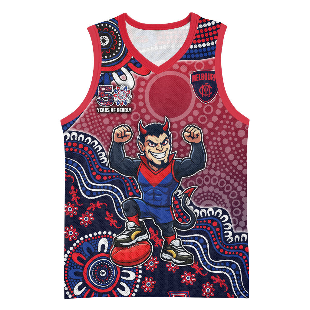 Personalized Melbourne Demons Football Mascot Basketball Jersey Aboriginal Dot Art Style Vibrant Indigenous Pattern Design