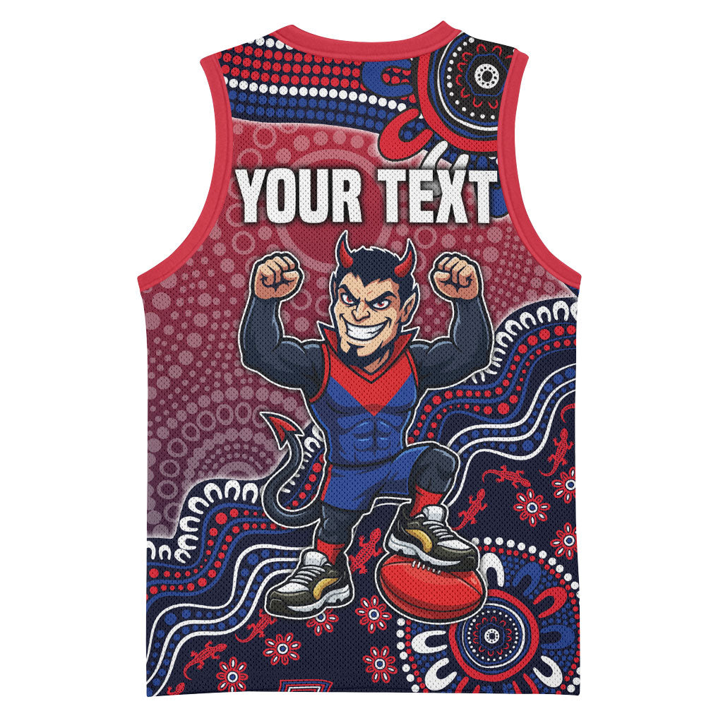 Personalized Melbourne Demons Football Mascot Basketball Jersey Aboriginal Dot Art Style Vibrant Indigenous Pattern Design