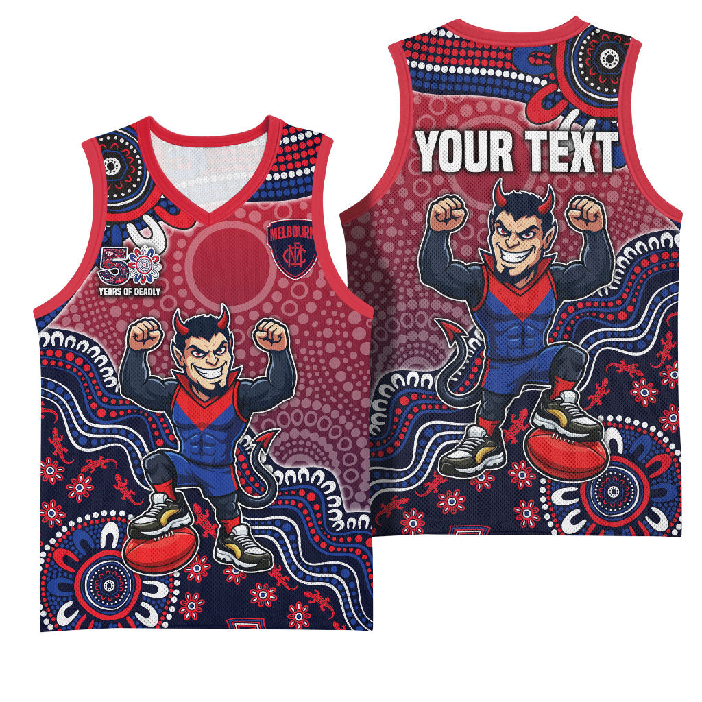 Personalized Melbourne Demons Football Mascot Basketball Jersey Aboriginal Dot Art Style Vibrant Indigenous Pattern Design