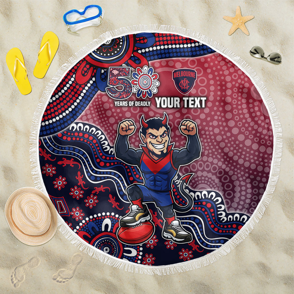 Personalized Melbourne Demons Football Mascot Beach Blanket Aboriginal Dot Art Style Vibrant Indigenous Pattern Design