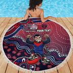 Personalized Melbourne Demons Football Mascot Beach Blanket Aboriginal Dot Art Style Vibrant Indigenous Pattern Design
