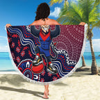 Personalized Melbourne Demons Football Mascot Beach Blanket Aboriginal Dot Art Style Vibrant Indigenous Pattern Design