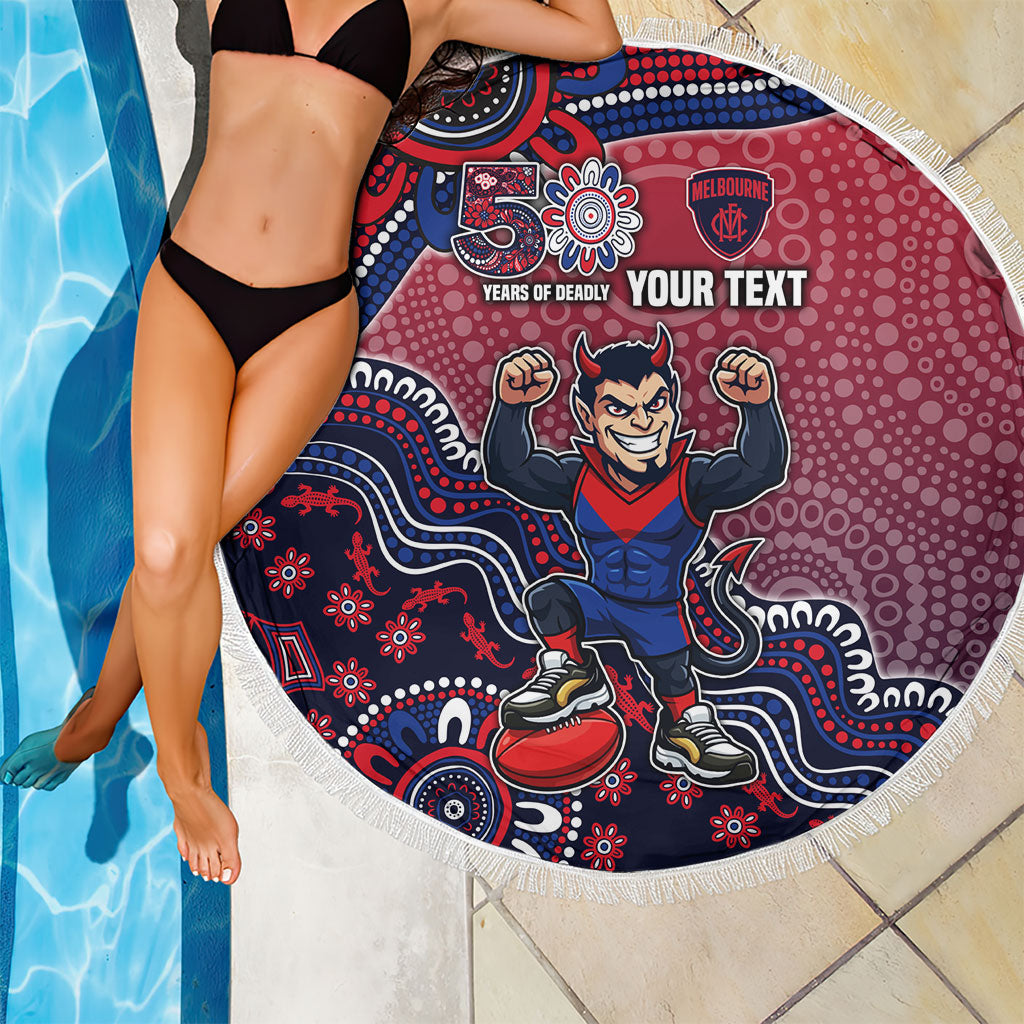 Personalized Melbourne Demons Football Mascot Beach Blanket Aboriginal Dot Art Style Vibrant Indigenous Pattern Design