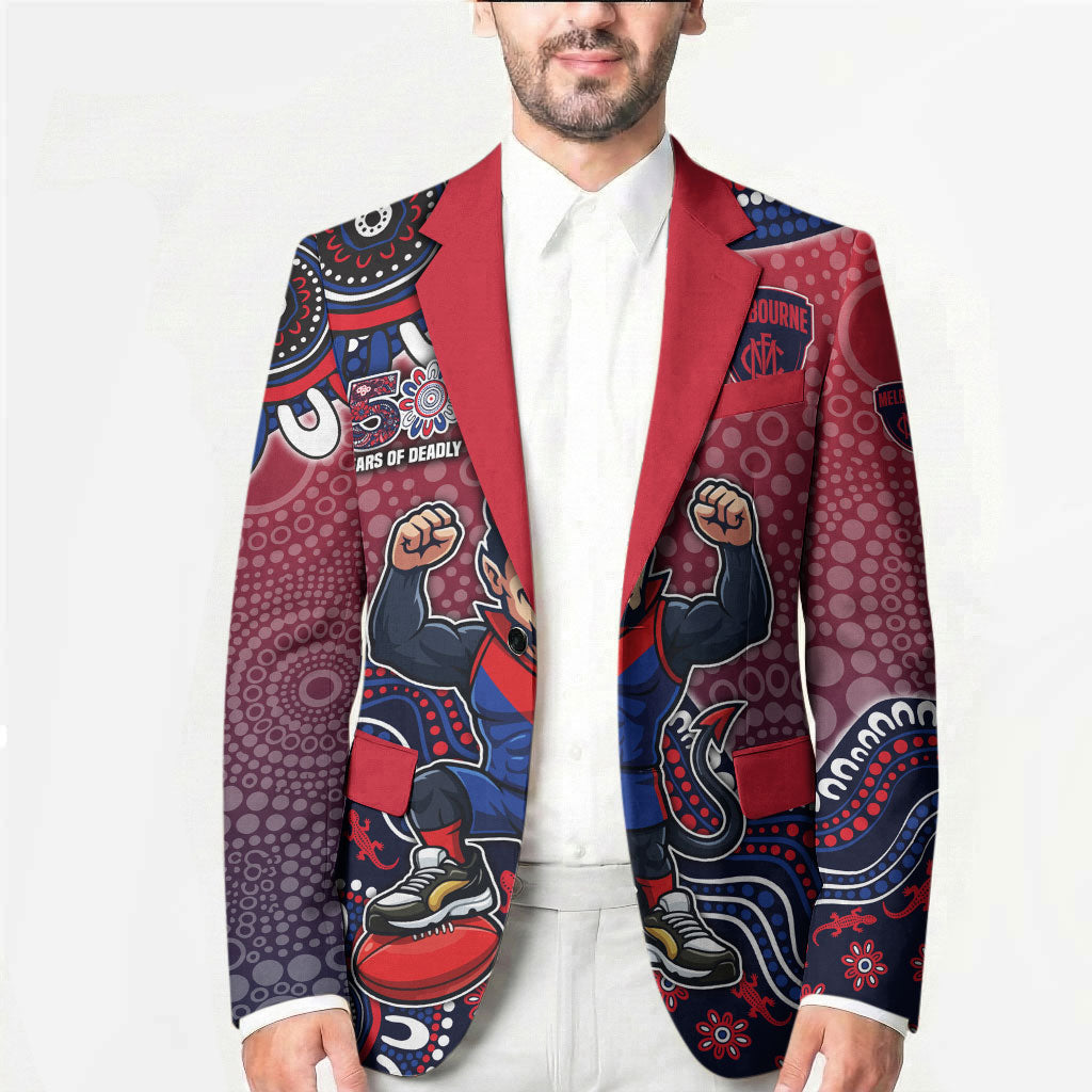 Personalized Melbourne Demons Football Mascot Blazer Aboriginal Dot Art Style Vibrant Indigenous Pattern Design