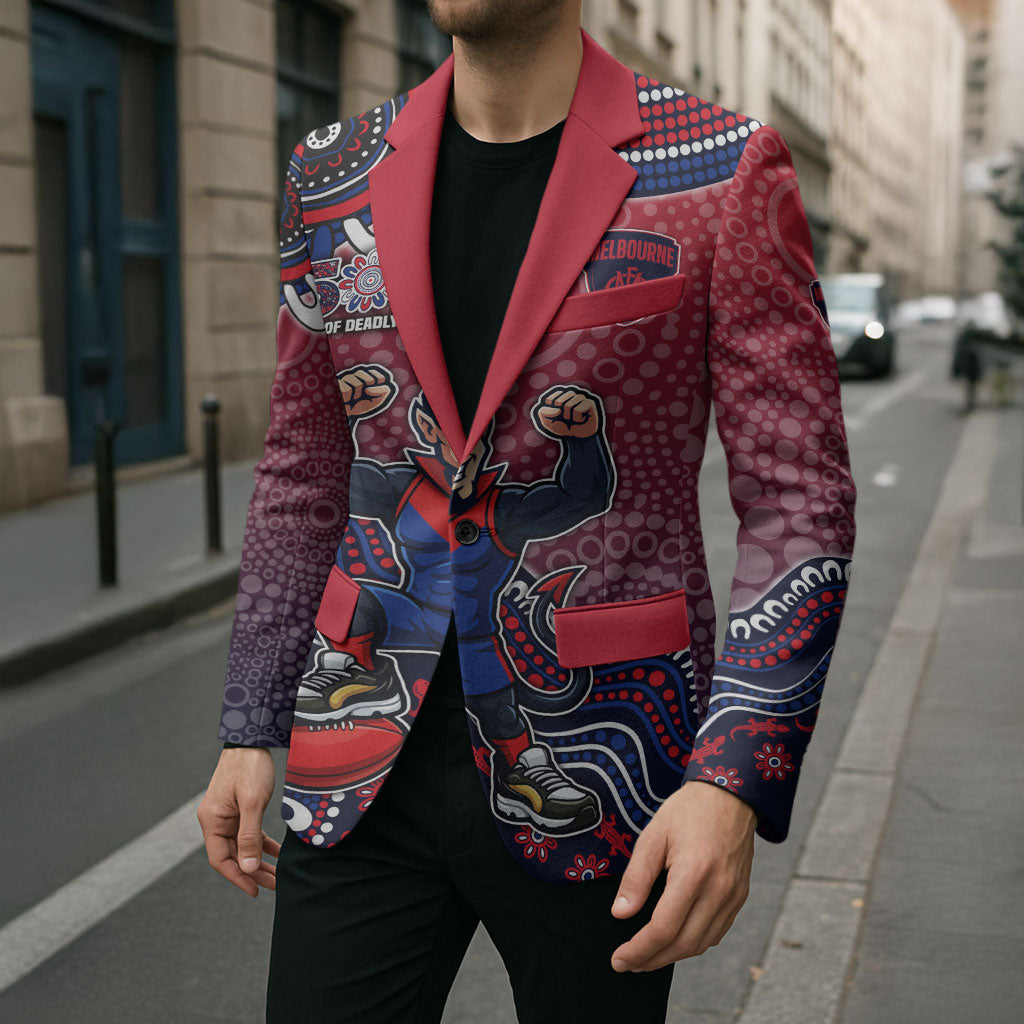 Personalized Melbourne Demons Football Mascot Blazer Aboriginal Dot Art Style Vibrant Indigenous Pattern Design