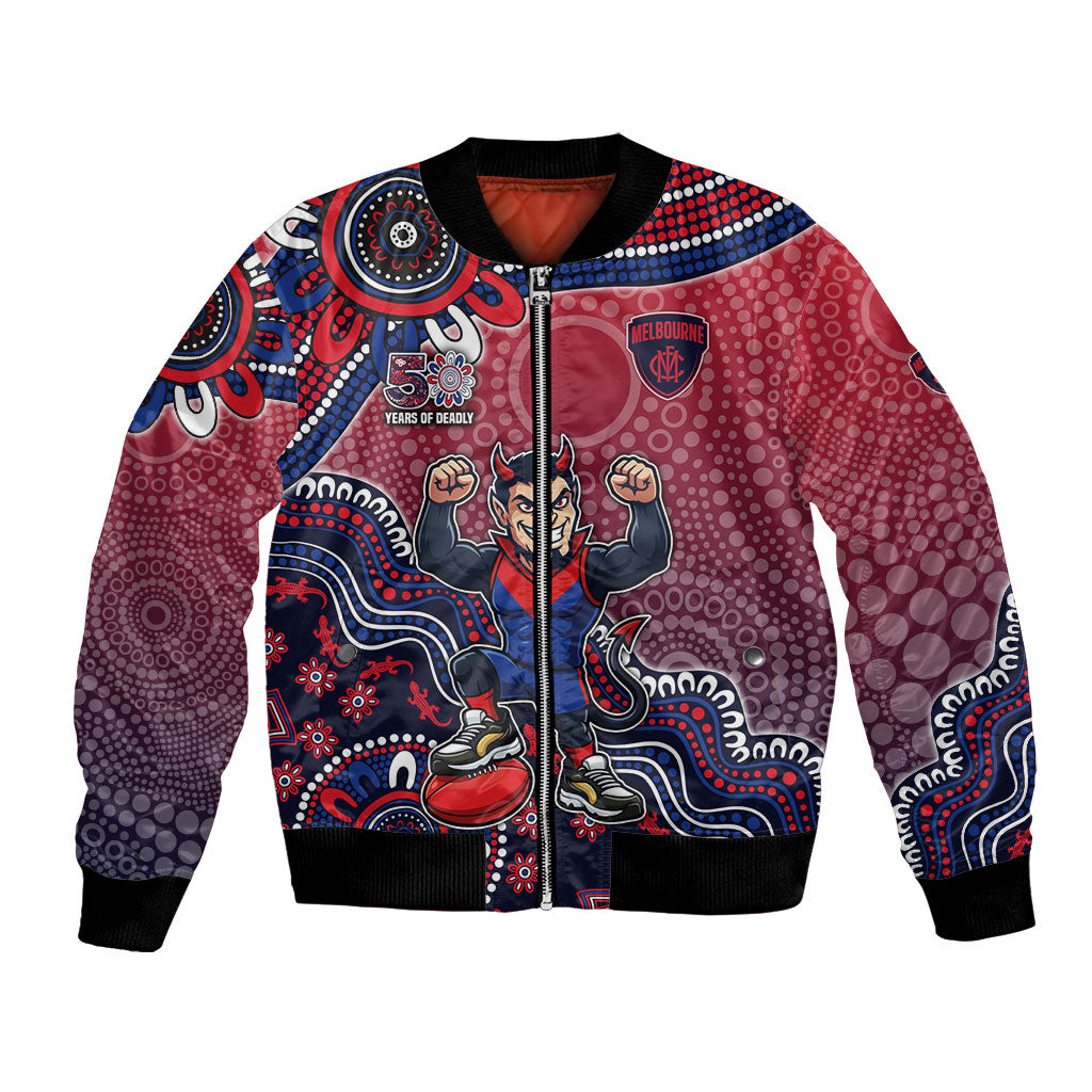 Personalized Melbourne Demons Football Mascot Bomber Jacket Aboriginal Dot Art Style Vibrant Indigenous Pattern Design