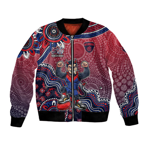 Personalized Melbourne Demons Football Mascot Bomber Jacket Aboriginal Dot Art Style Vibrant Indigenous Pattern Design