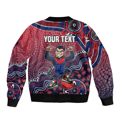 Personalized Melbourne Demons Football Mascot Bomber Jacket Aboriginal Dot Art Style Vibrant Indigenous Pattern Design