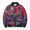Personalized Melbourne Demons Football Mascot Bomber Puffer Jacket Aboriginal Dot Art Style Vibrant Indigenous Pattern Design