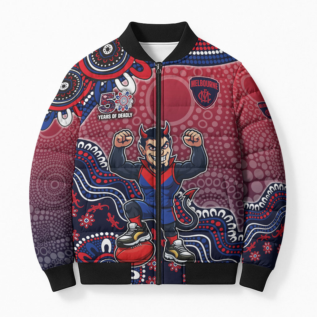 Personalized Melbourne Demons Football Mascot Bomber Puffer Jacket Aboriginal Dot Art Style Vibrant Indigenous Pattern Design