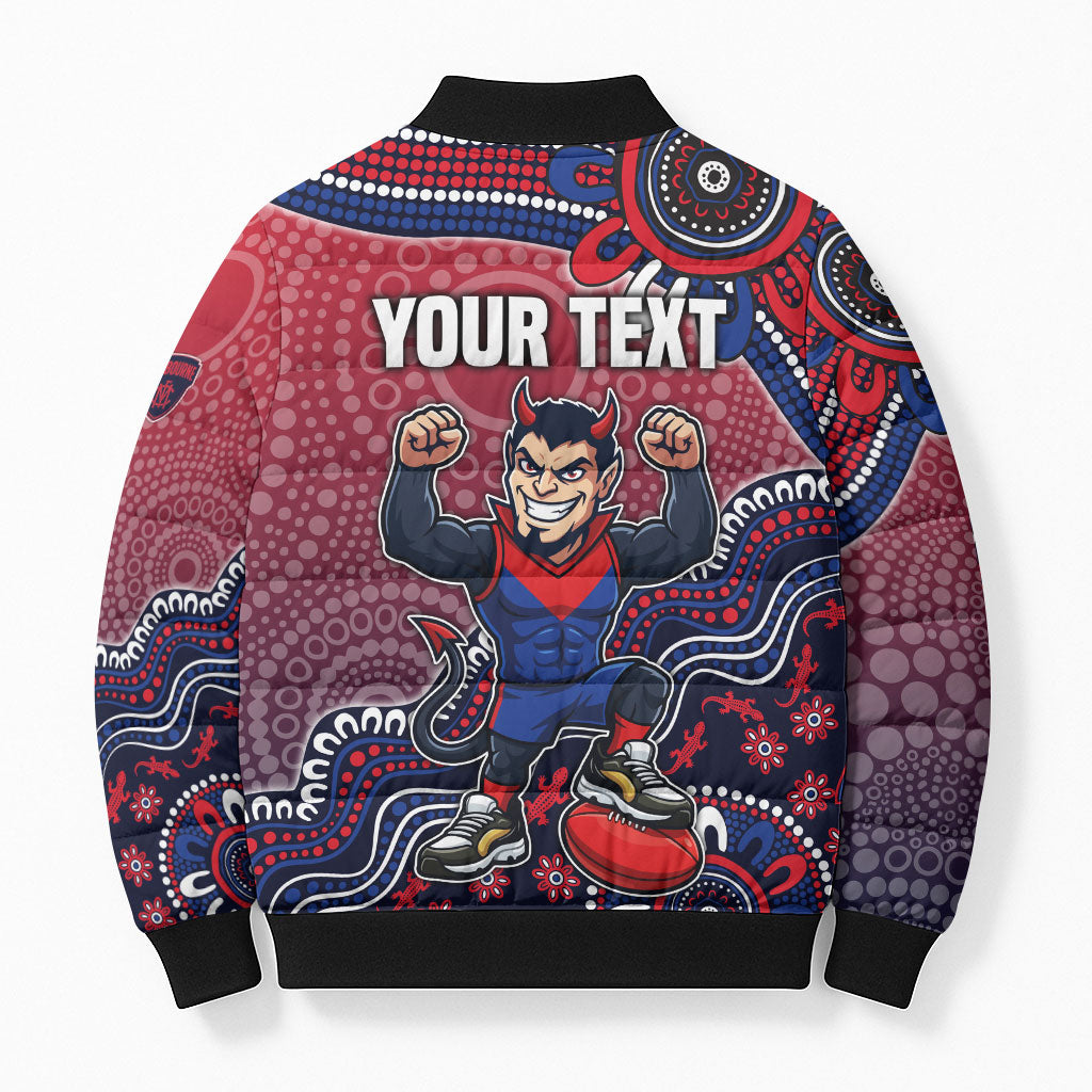Personalized Melbourne Demons Football Mascot Bomber Puffer Jacket Aboriginal Dot Art Style Vibrant Indigenous Pattern Design