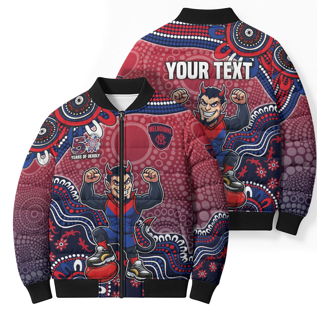 Personalized Melbourne Demons Football Mascot Bomber Puffer Jacket Aboriginal Dot Art Style Vibrant Indigenous Pattern Design