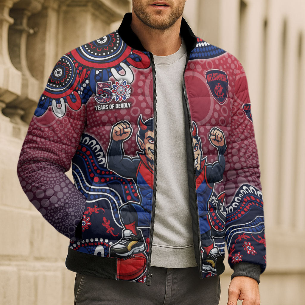 Personalized Melbourne Demons Football Mascot Bomber Puffer Jacket Aboriginal Dot Art Style Vibrant Indigenous Pattern Design