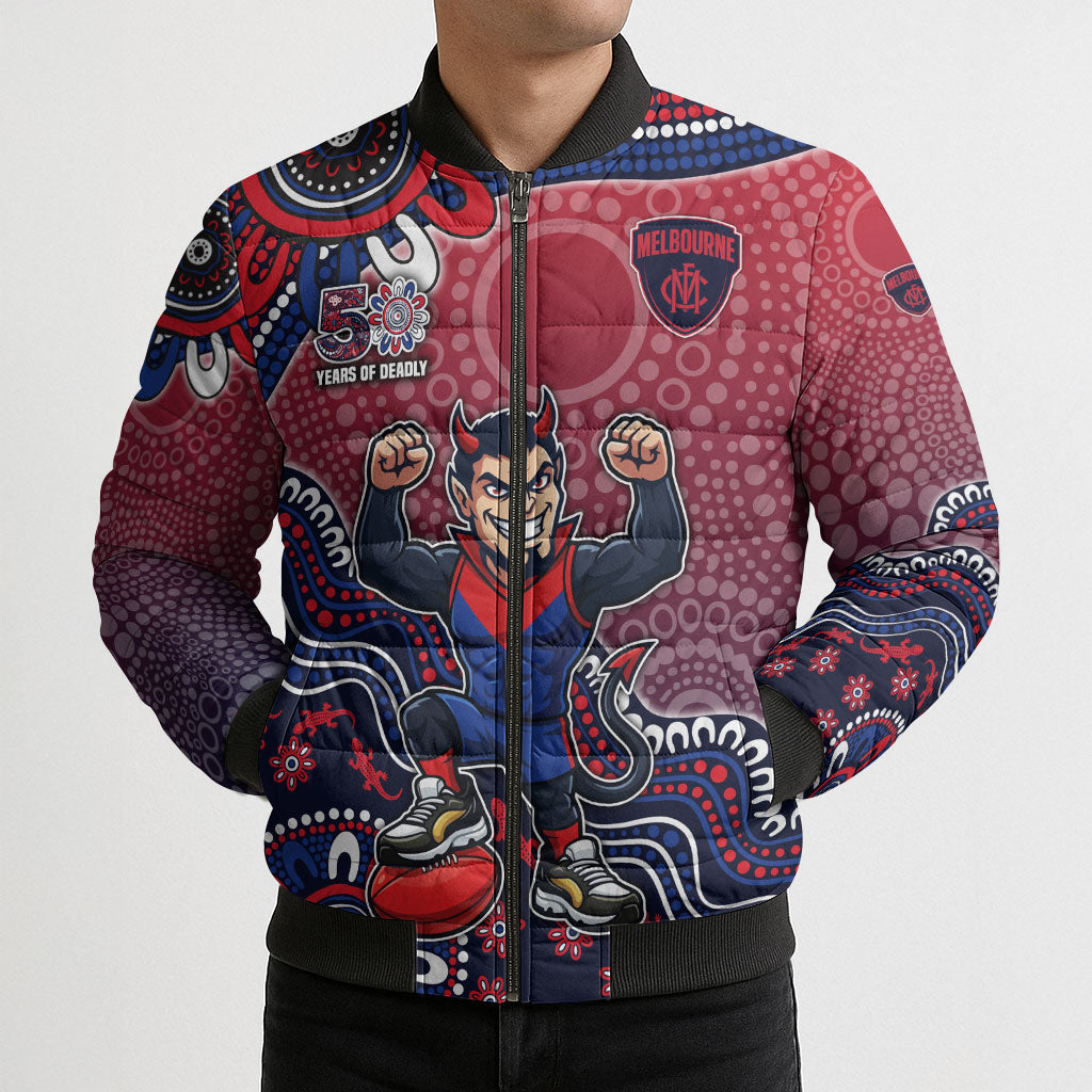 Personalized Melbourne Demons Football Mascot Bomber Puffer Jacket Aboriginal Dot Art Style Vibrant Indigenous Pattern Design