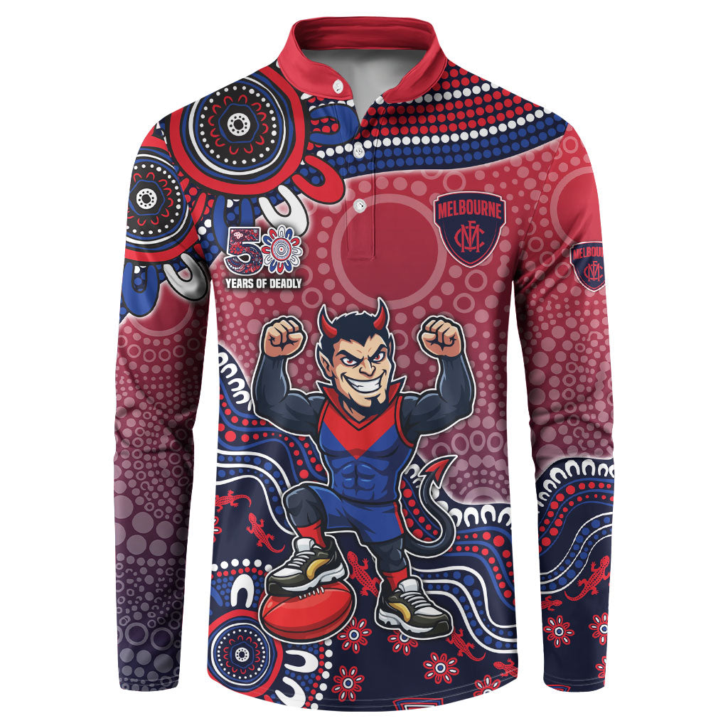Personalized Melbourne Demons Football Mascot Button Sweatshirt Aboriginal Dot Art Style Vibrant Indigenous Pattern Design
