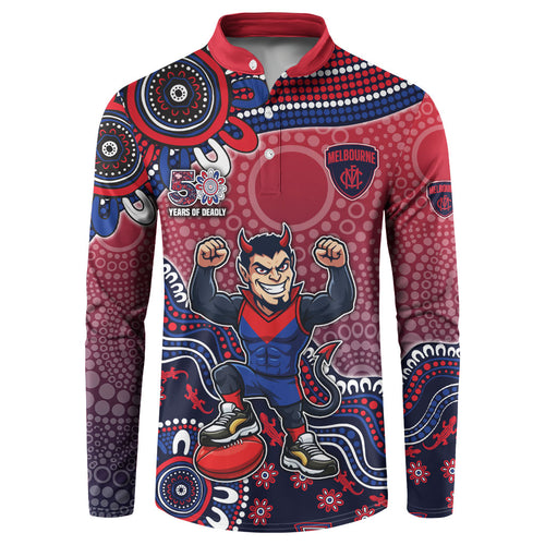 Personalized Melbourne Demons Football Mascot Button Sweatshirt Aboriginal Dot Art Style Vibrant Indigenous Pattern Design