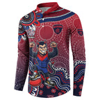 Personalized Melbourne Demons Football Mascot Button Sweatshirt Aboriginal Dot Art Style Vibrant Indigenous Pattern Design