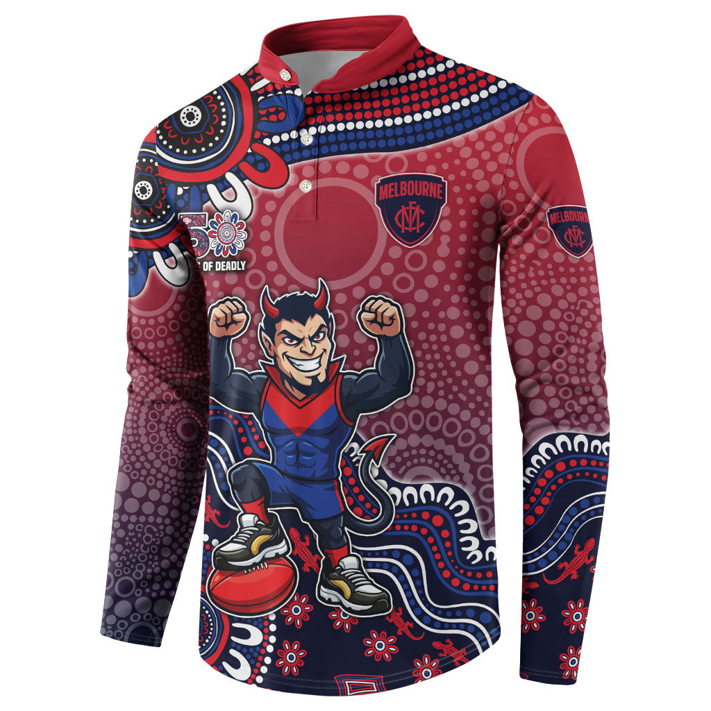 Personalized Melbourne Demons Football Mascot Button Sweatshirt Aboriginal Dot Art Style Vibrant Indigenous Pattern Design