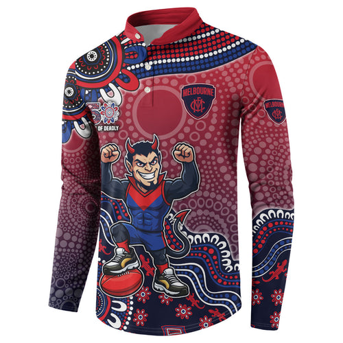 Personalized Melbourne Demons Football Mascot Button Sweatshirt Aboriginal Dot Art Style Vibrant Indigenous Pattern Design