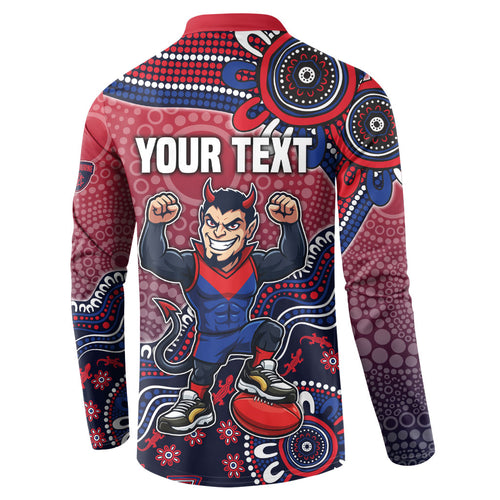 Personalized Melbourne Demons Football Mascot Button Sweatshirt Aboriginal Dot Art Style Vibrant Indigenous Pattern Design