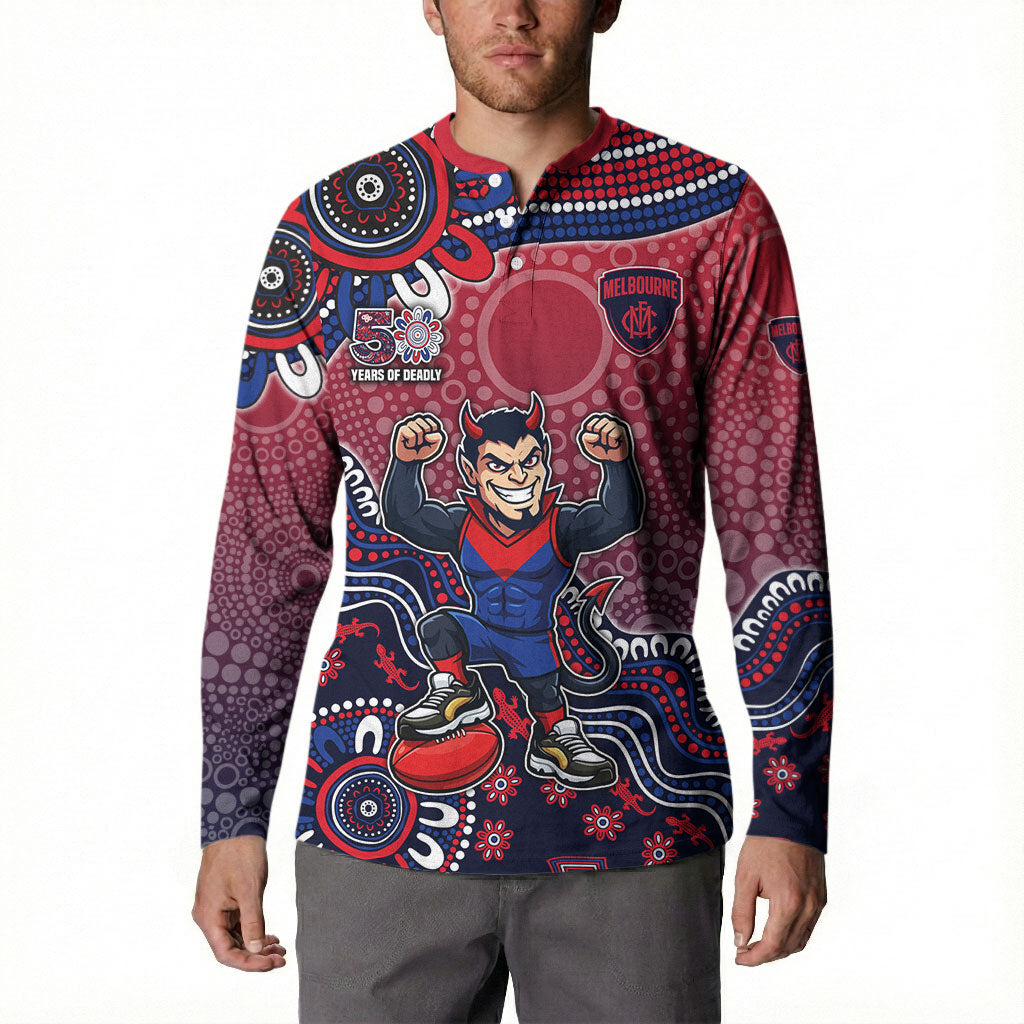 Personalized Melbourne Demons Football Mascot Button Sweatshirt Aboriginal Dot Art Style Vibrant Indigenous Pattern Design