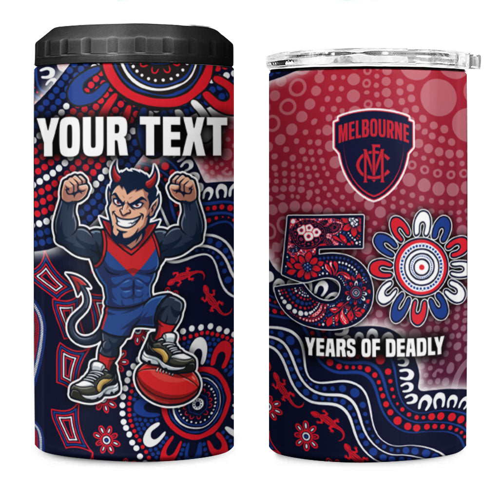 Personalized Melbourne Demons Football Mascot 4 in 1 Can Cooler Tumbler Aboriginal Dot Art Style Vibrant Indigenous Pattern Design