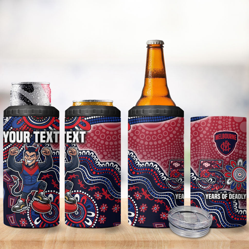 Personalized Melbourne Demons Football Mascot 4 in 1 Can Cooler Tumbler Aboriginal Dot Art Style Vibrant Indigenous Pattern Design