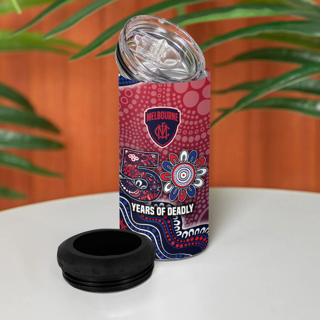 Personalized Melbourne Demons Football Mascot 4 in 1 Can Cooler Tumbler Aboriginal Dot Art Style Vibrant Indigenous Pattern Design